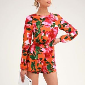 “Sweetest Song” Orange Floral Print Backless Long Sleeve Romper